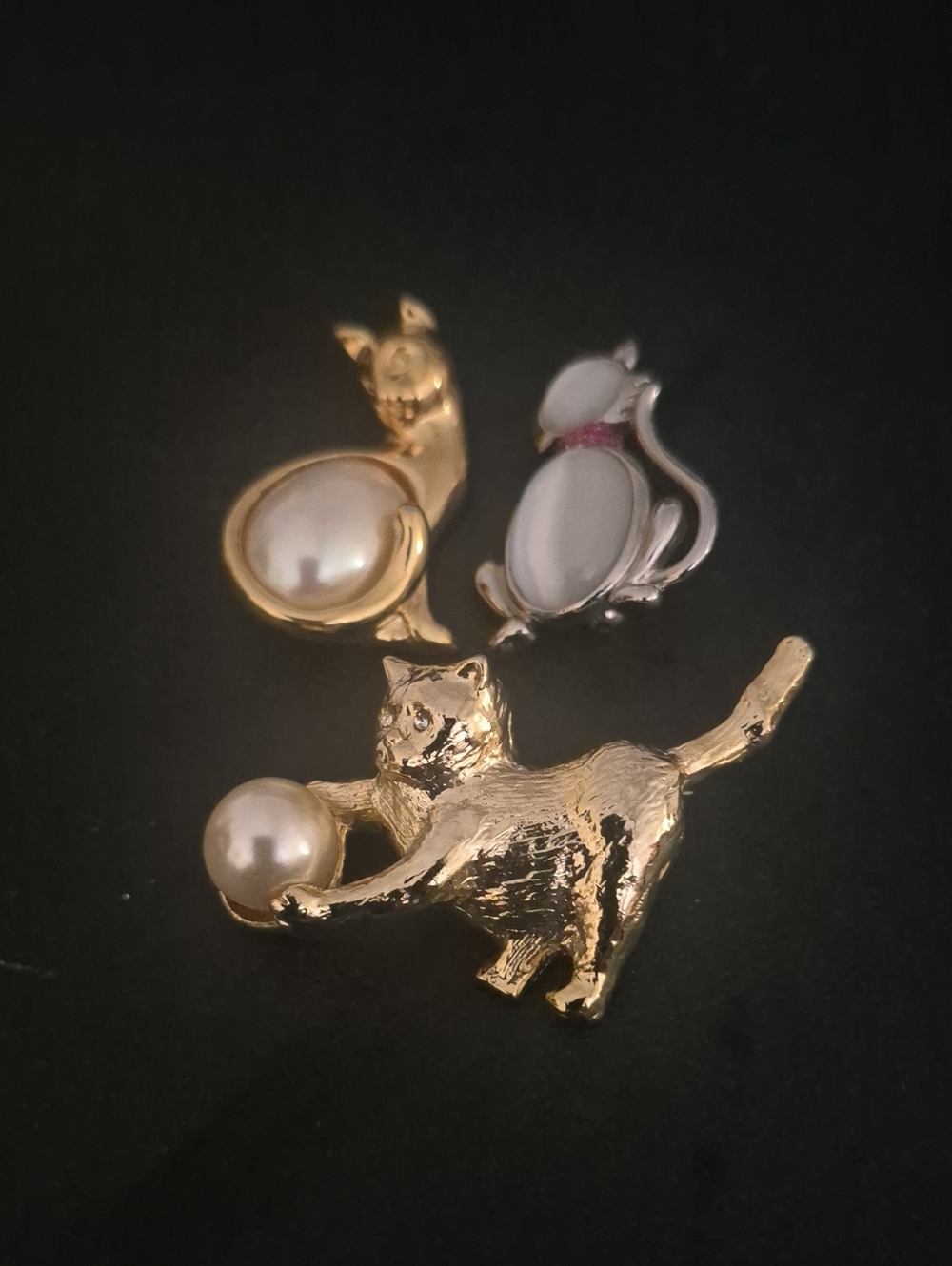 Source Unknown Gold and Silver Cat Brooch Trio with Pearlescent Accents